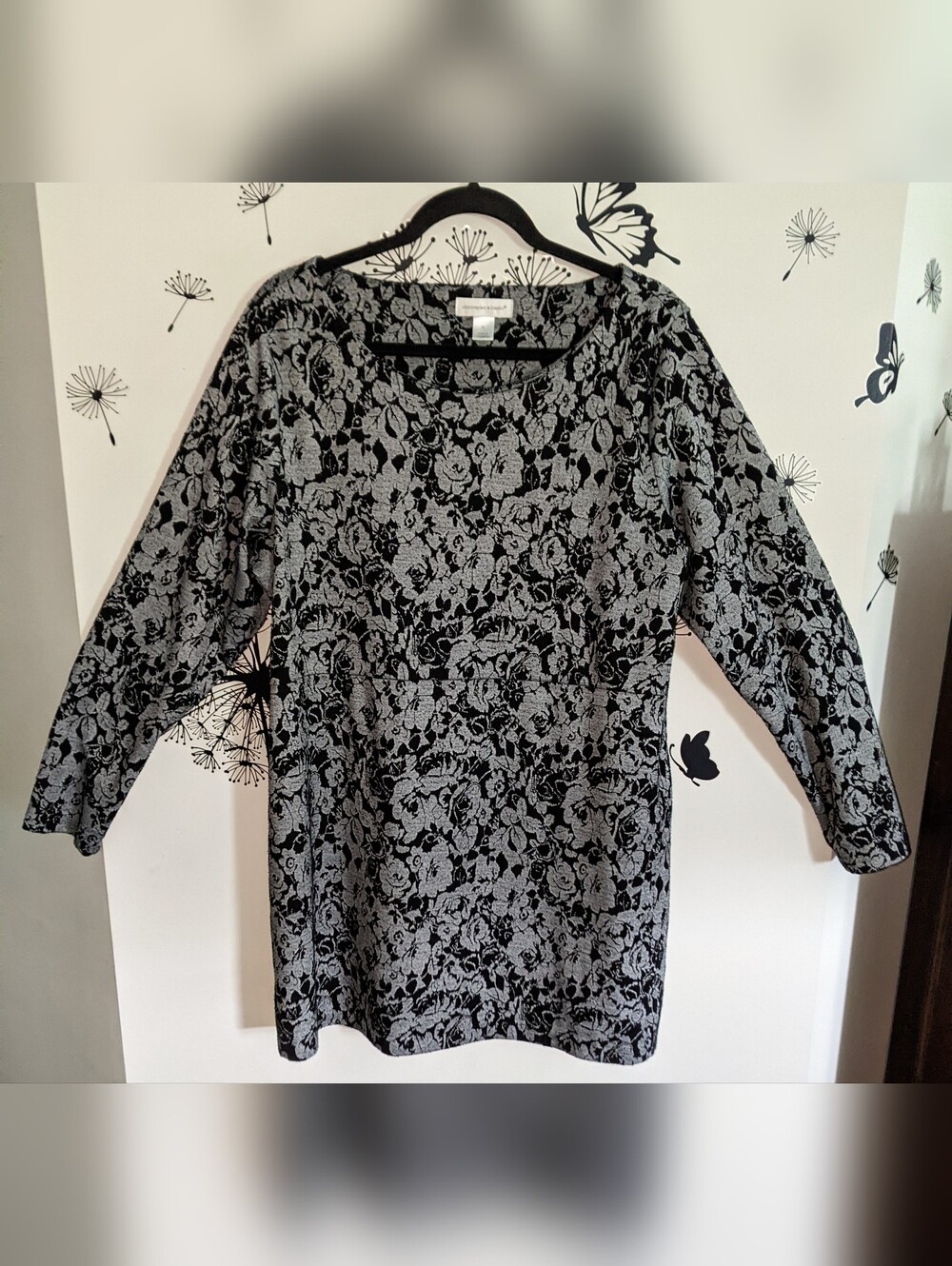 Christopher & Banks Black and Gray Floral Knit Tunic